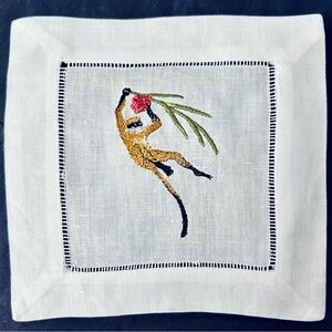 Vintage Linen Hem Stitch African Animal Cocktail Napkins Set of 4 Monkey